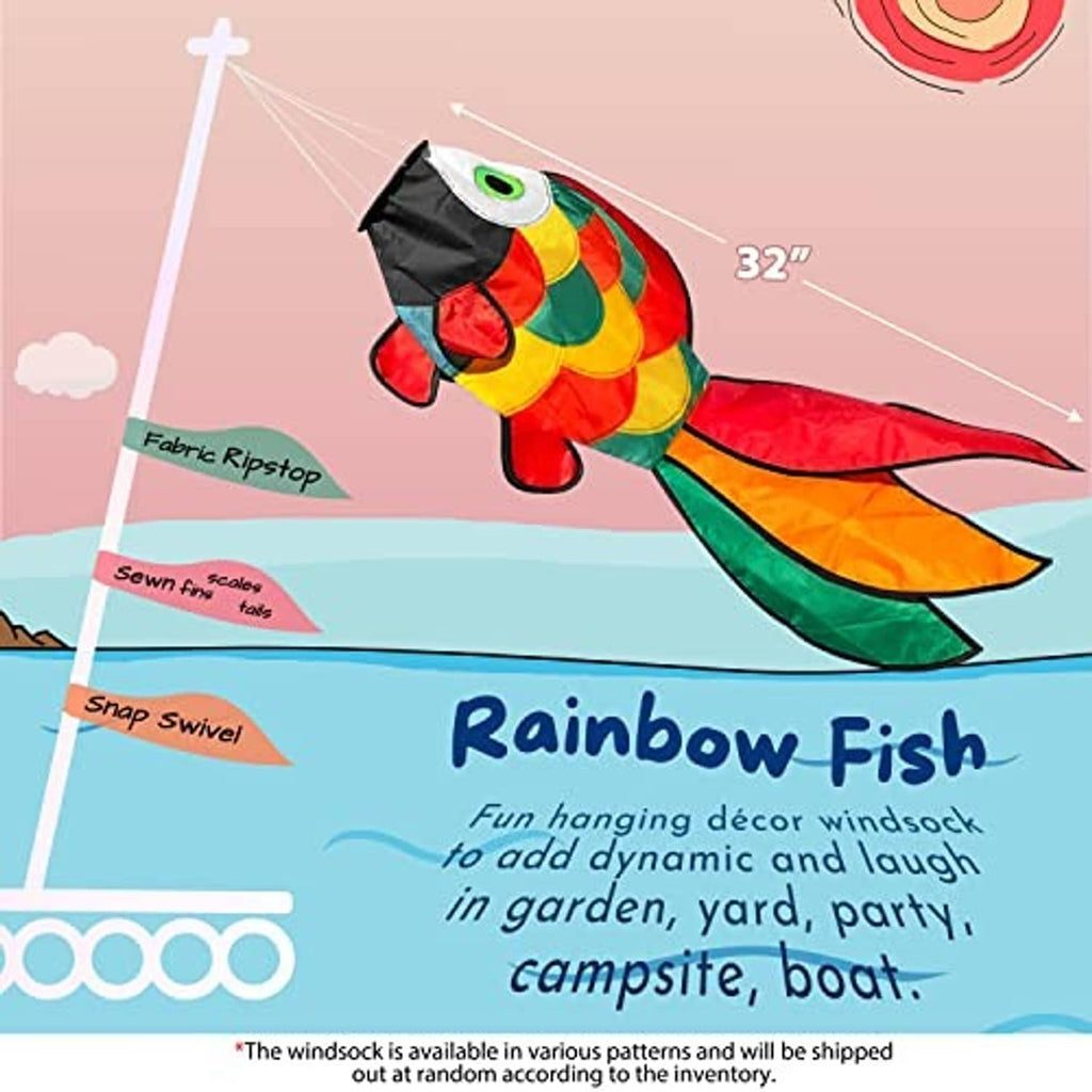 Rainbow fish windsock decor with 32-inch length and attached snap swivel and swivel line