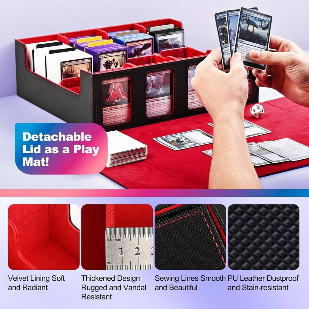 Red and black trading card storage box with removable lid and clear card windows