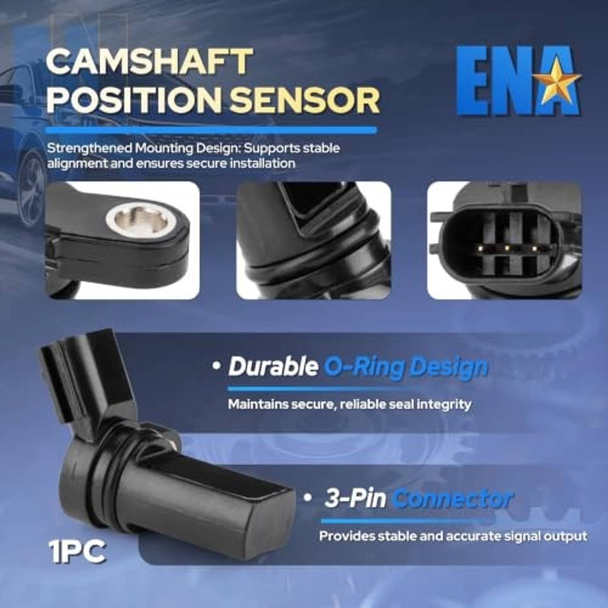 Camshaft position sensor graphic highlighting durable O-ring and 3-pin connector
