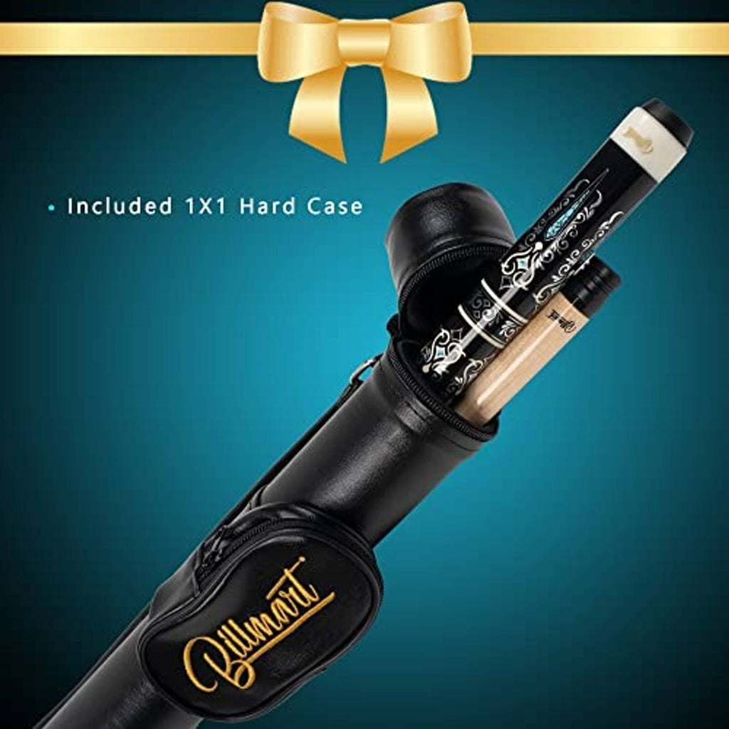 Black leather-grip pool cue stick with gold logo medallion and ornate blue-inlay shaft