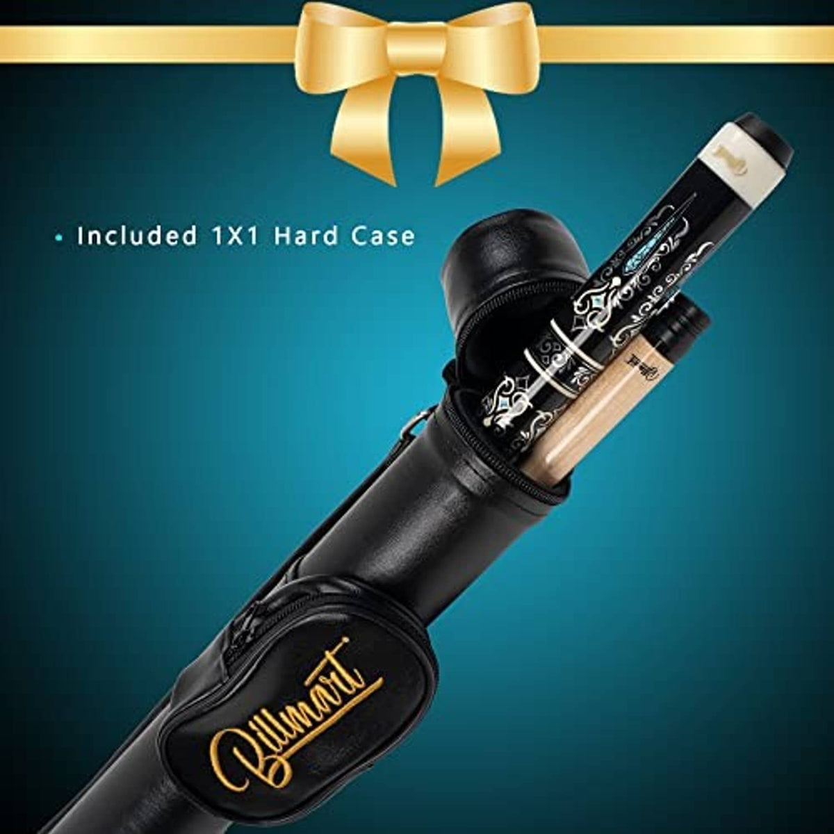 Black leather-grip pool cue stick with gold logo medallion and ornate blue-inlay shaft