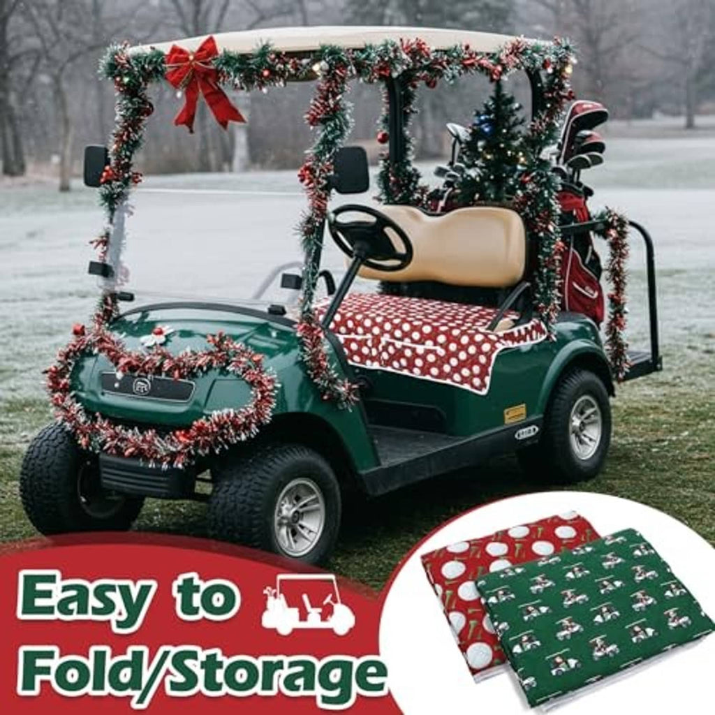 Golf cart seat with red Christmas cover featuring white dots and a center phone pouch