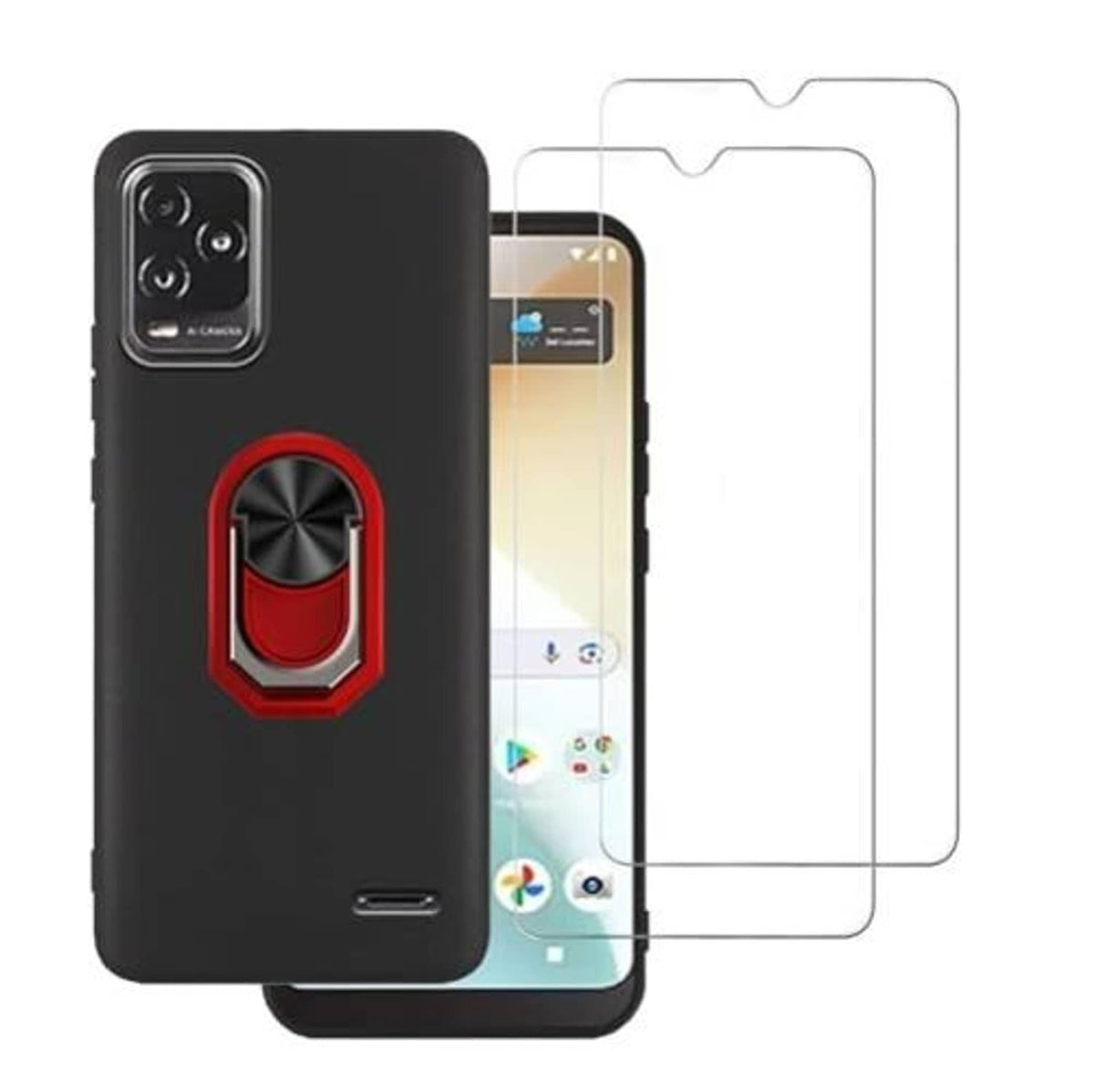 Black phone case with red ring kickstand plus dual screen protectors