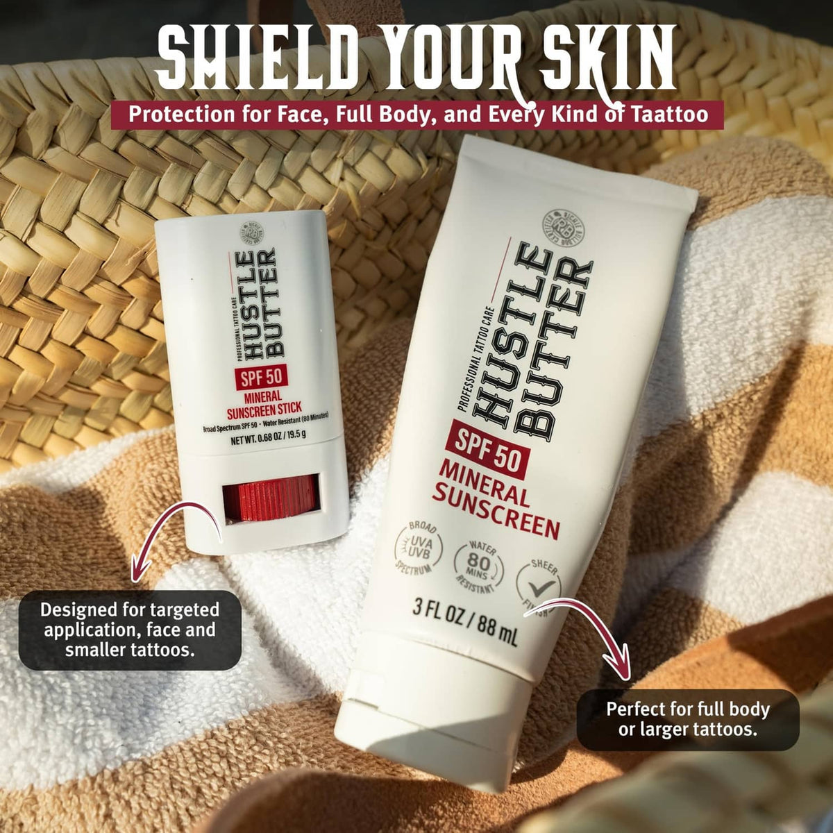 Hustle Butter SPF 50 mineral sunscreen stick and cream tubes for full-body tattoos