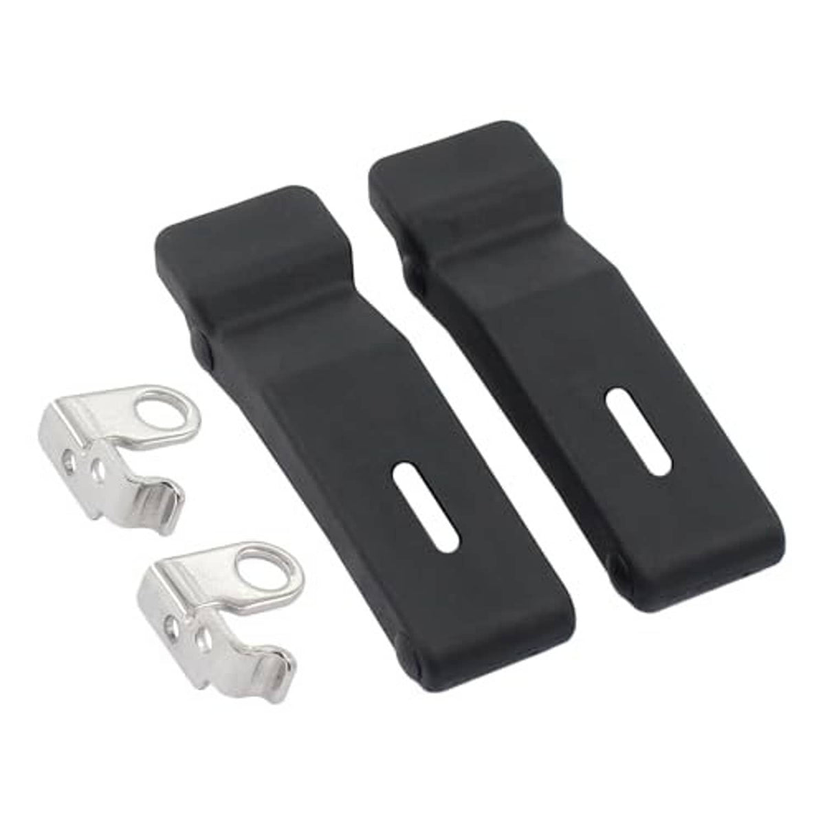 Two black front storage rack latch brackets with silver mounting clips, set of 2