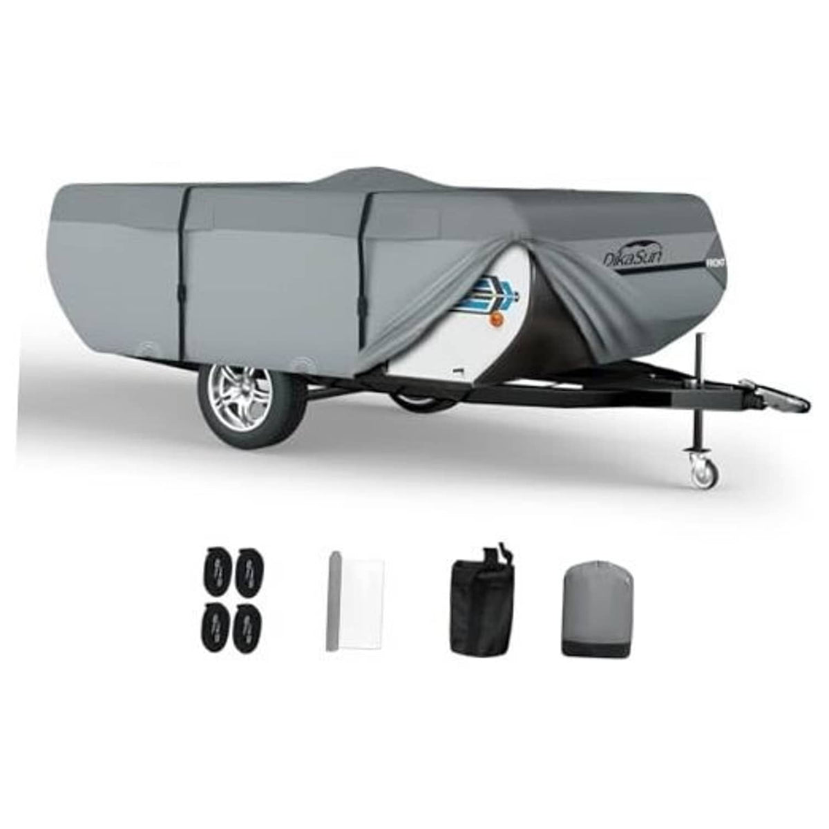 Gray pop-up camper trailer cover with front flap and side straps