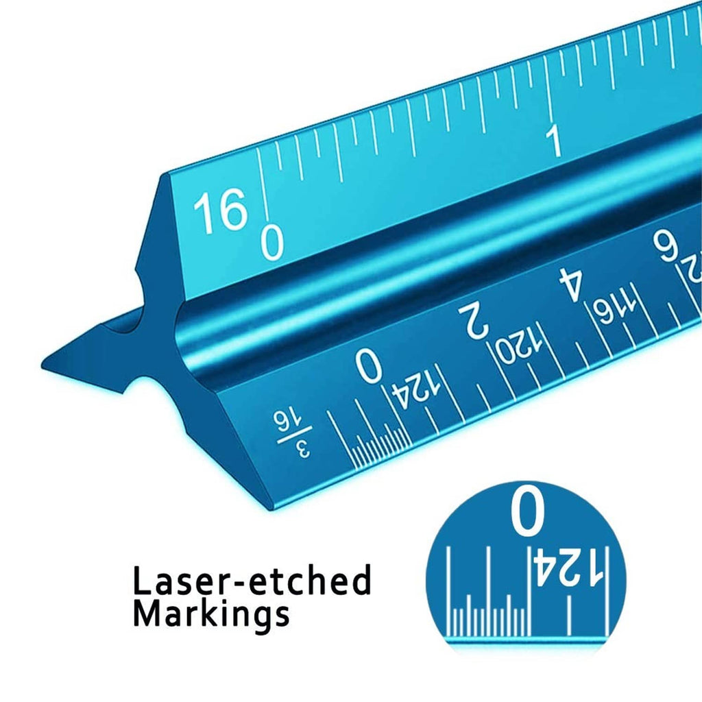 Blue triangular architect scale ruler with laser-etched markings and scale numbers