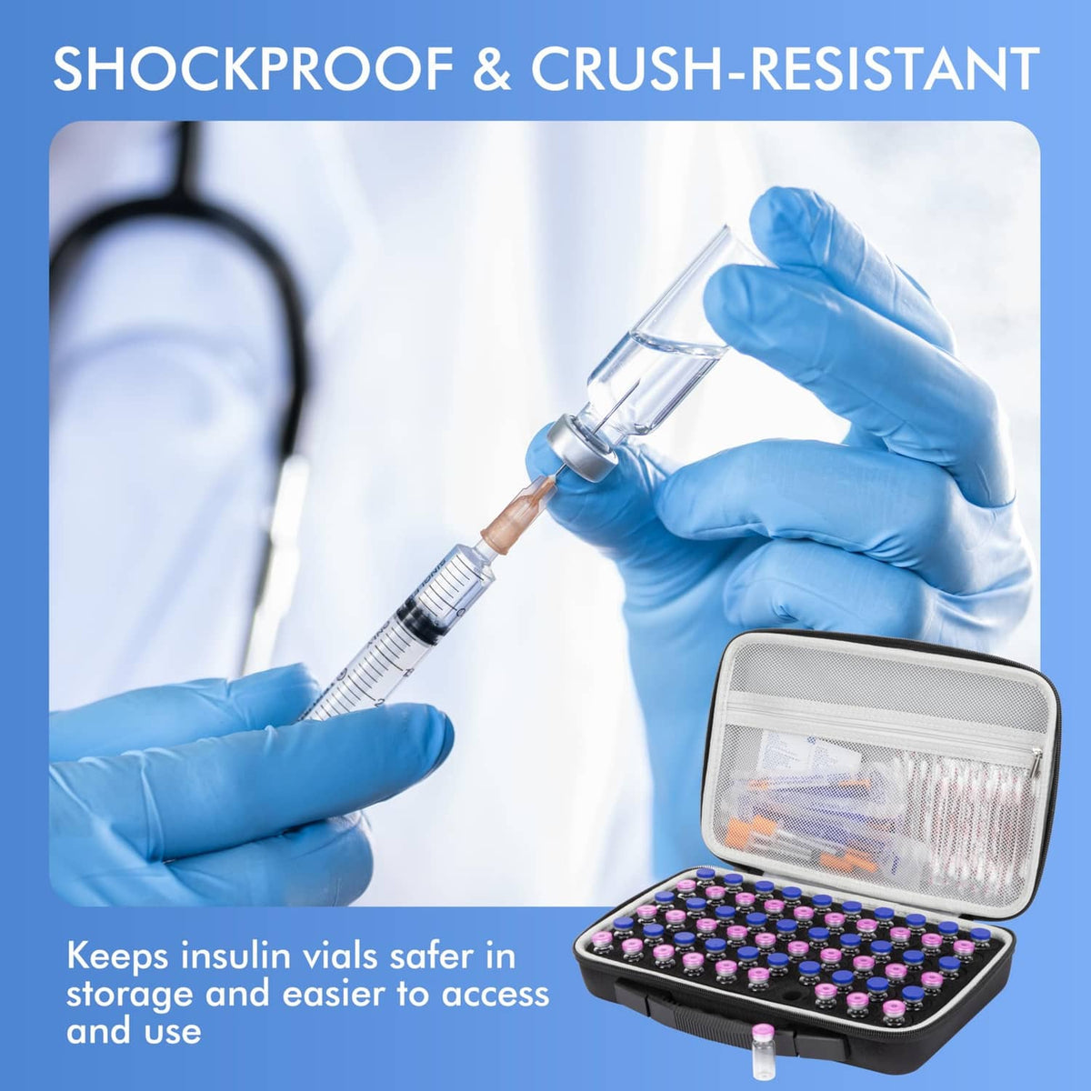Insulin vial storage case with shockproof design and open top revealing slots