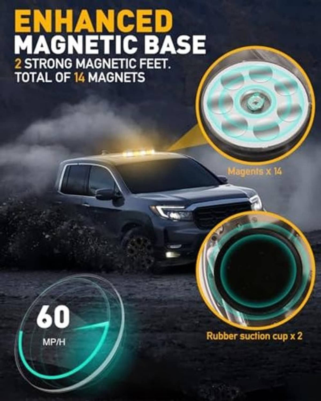 Magnetic rooftop emergency strobe light bar with amber and white LEDs and suction cups