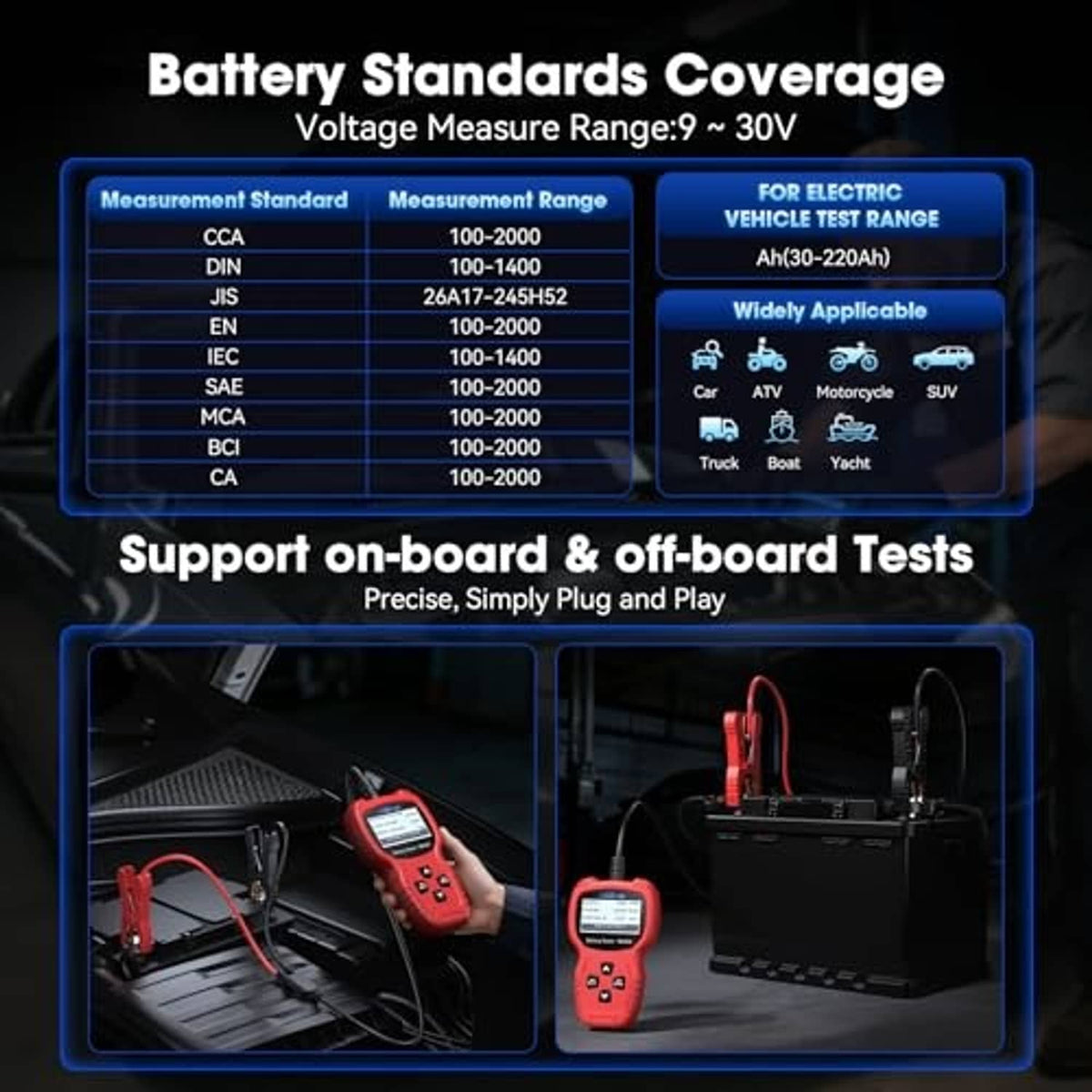 Red battery tester with cable leads connected for on-board battery testing