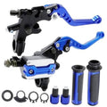 Motorcycle clutch and brake lever set with blue anodized levers and black housings
