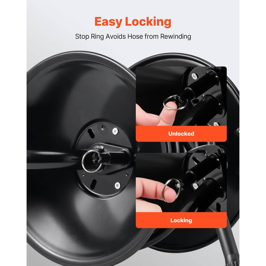 Black pressure washer hose reel with locking ring and rewind stop feature