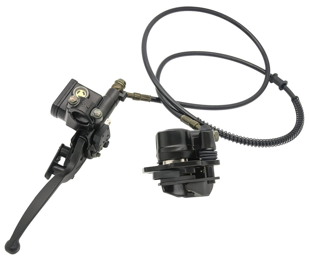 Left rear hydraulic disc brake master caliper assembly with lever and hydraulic hoses