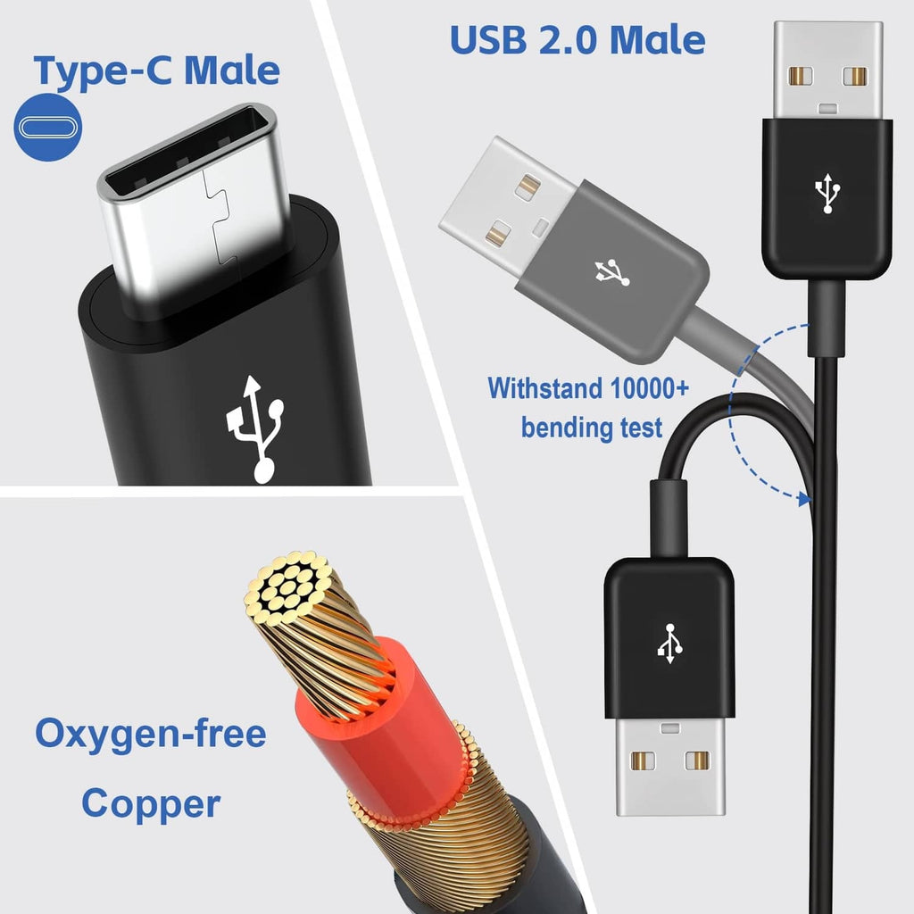Black USB 2.0 male to Type-C connector cable with bend-tested design and copper wire