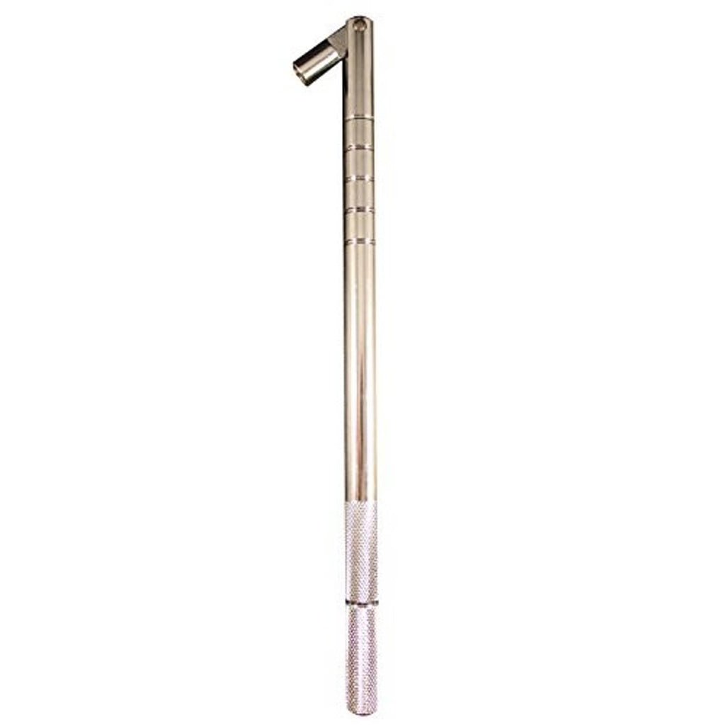 Metal valve insertion tool with textured handle and angled head, side view