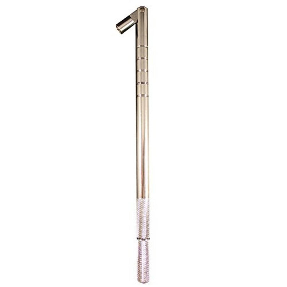Metal valve insertion tool with textured handle and angled head, side view