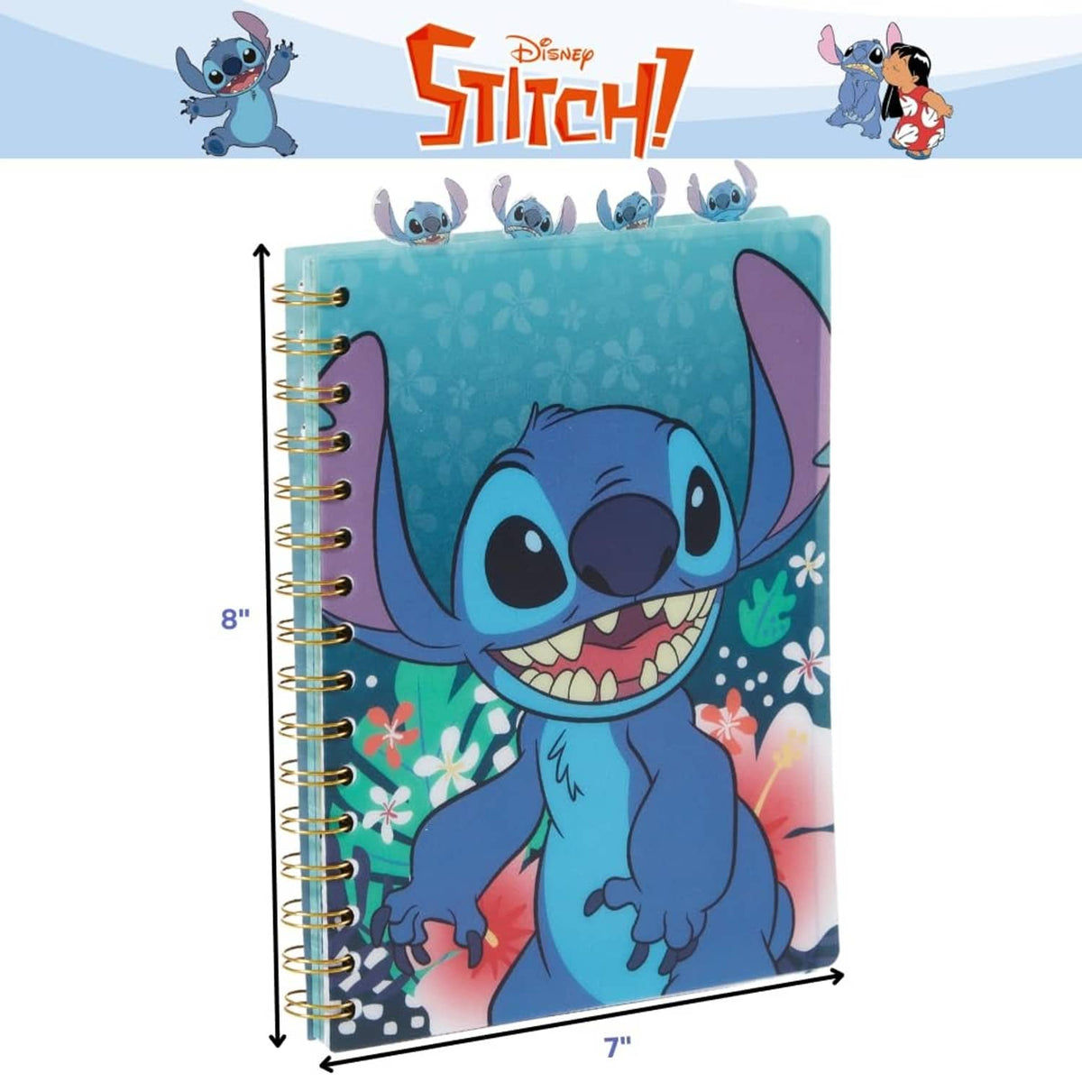 Lilo & Stitch spiral notebook, blue Stitch cover with purple side tab and lined pages