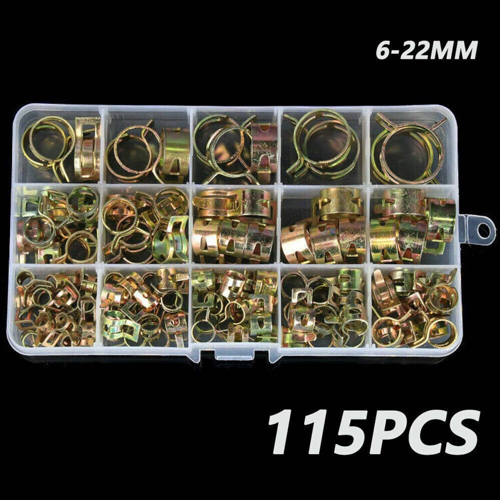 115-piece assorted spring hose clamps, 6–22 mm range, yellow-gold finish