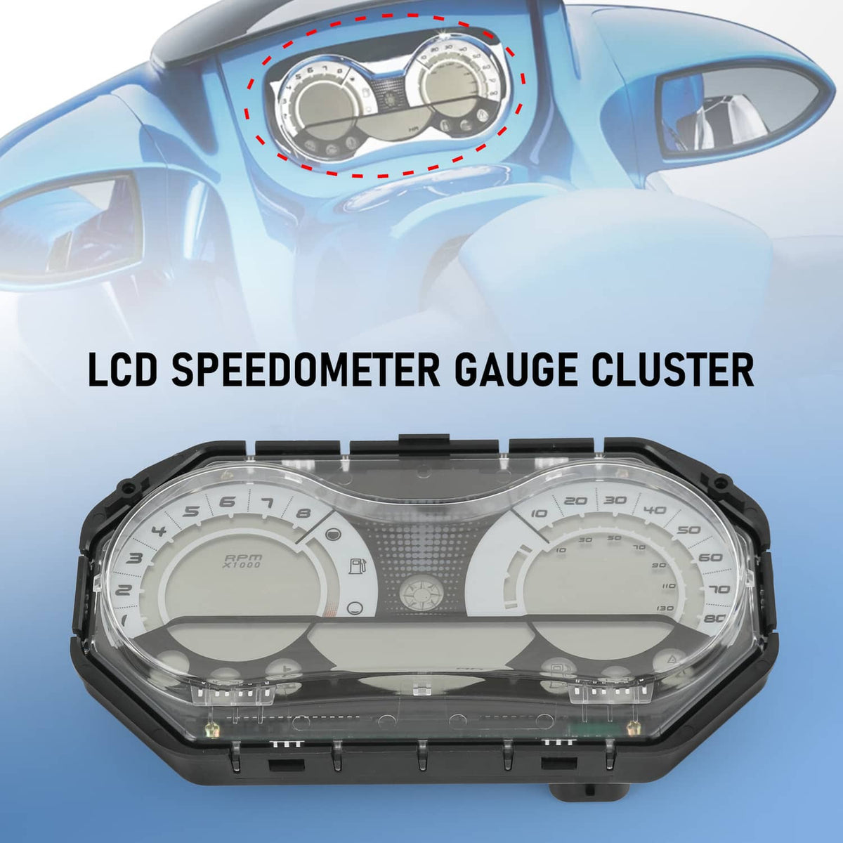 LCD speedometer gauge cluster, black housing with silver dials and LCD windows
