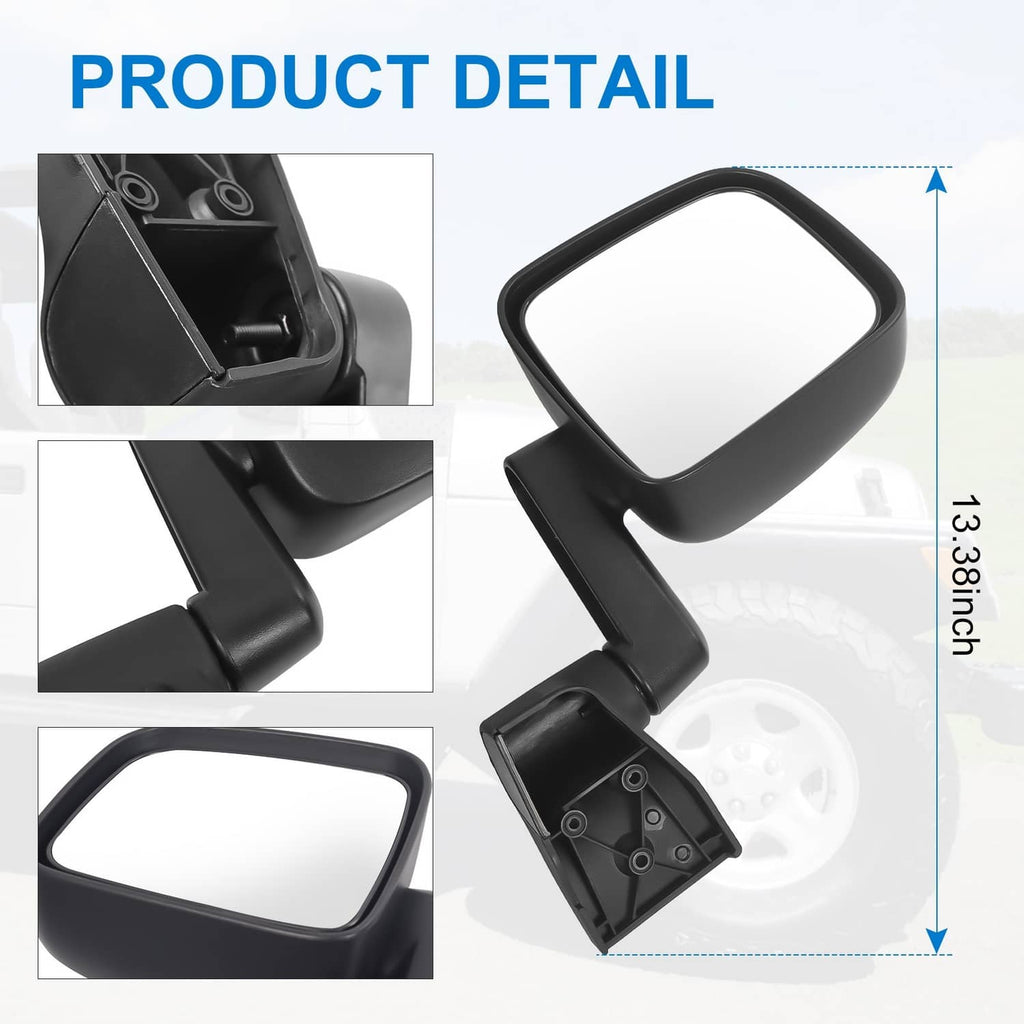 Black side mirror set with mounting bracket and adjustable joint, close-up detail