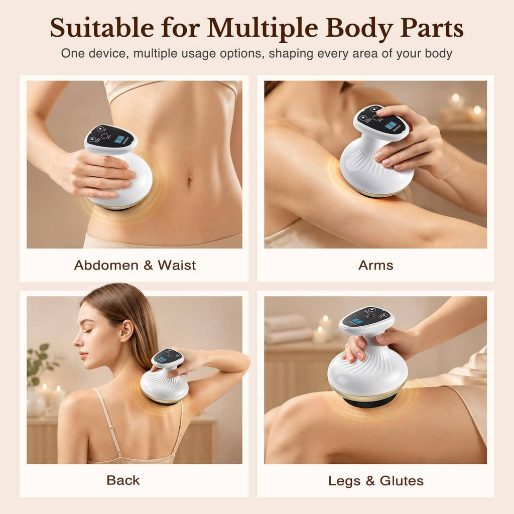 Heated cupping massage device shown for multiple body areas