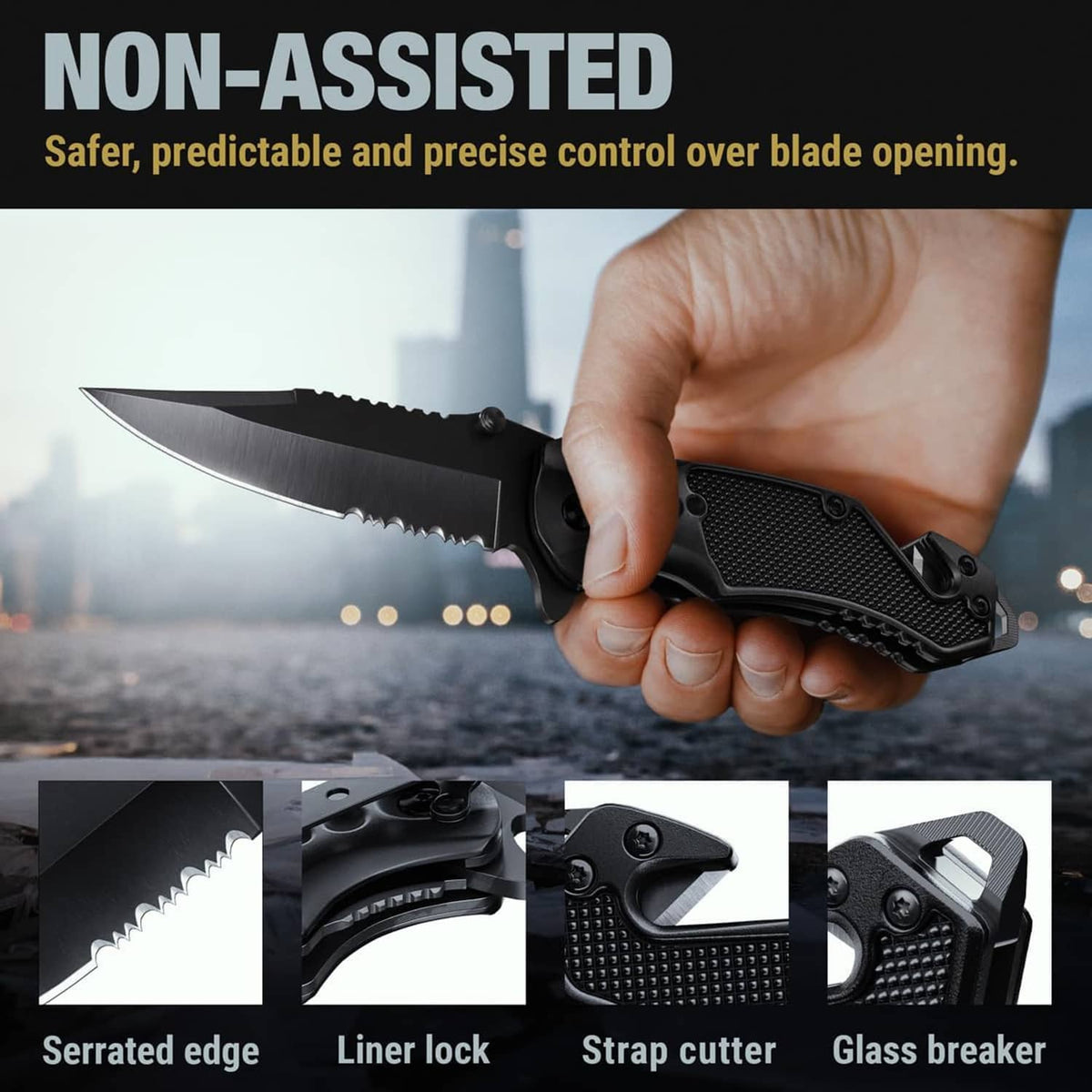 Hand holding a black folding pocket knife with serrated blade and textured handle