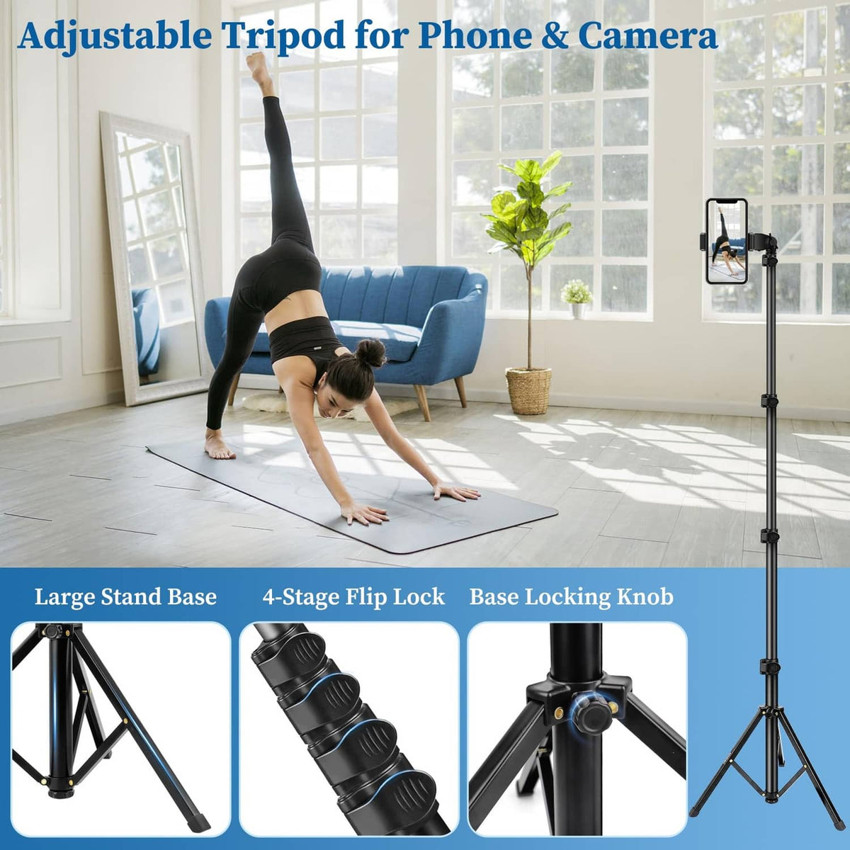 Black adjustable tripod for phone with four-leg stand and secure base for selfies