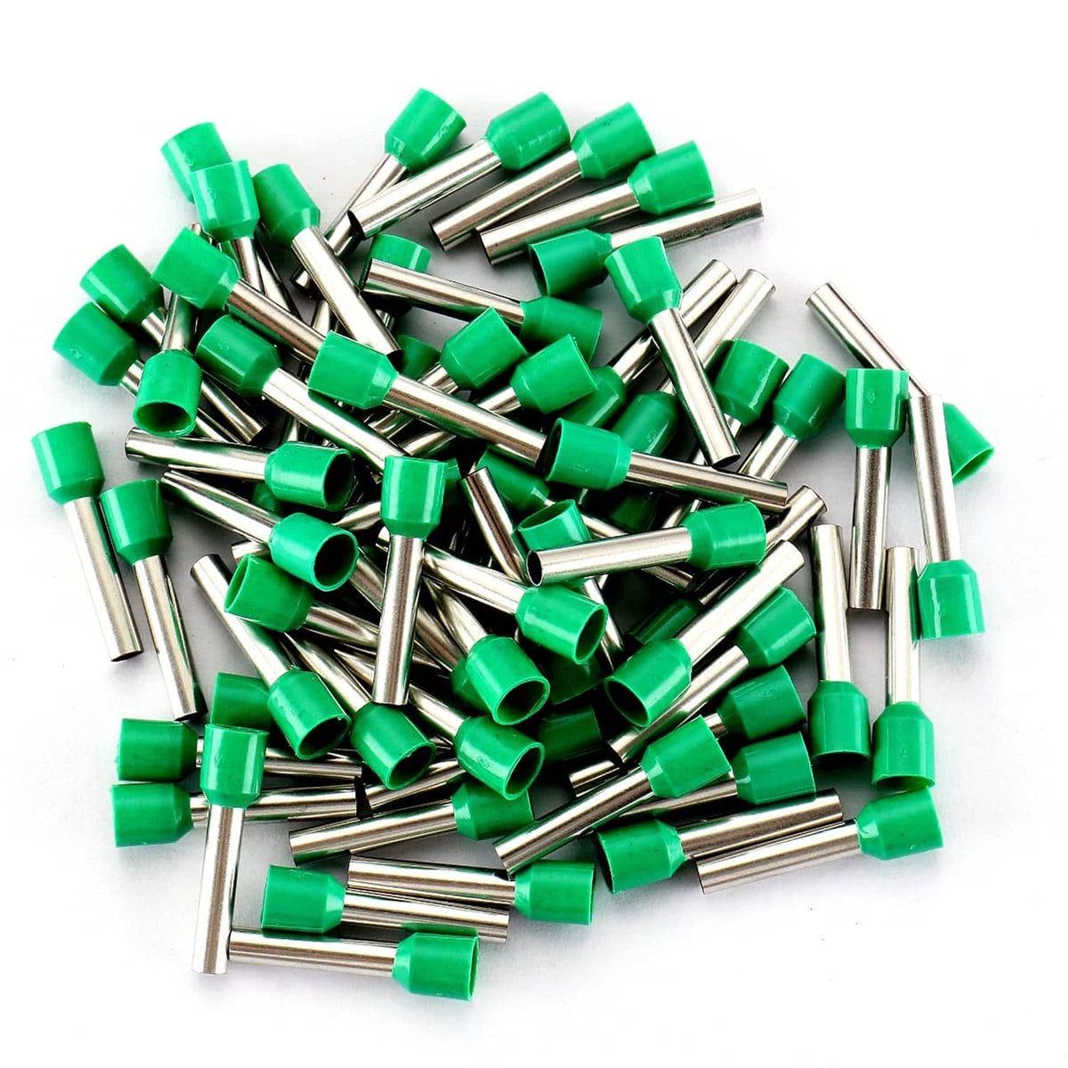 Bulk of insulated copper crimp ferrule connectors with green sleeves