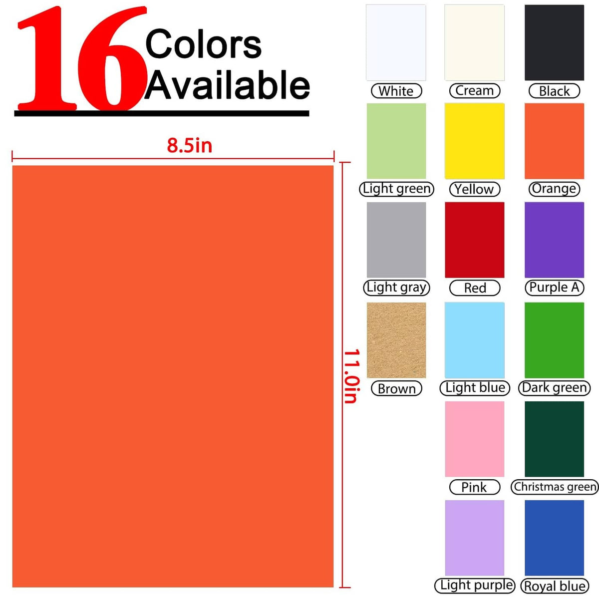 Cardstock size chart for 8.5 x 11 in, shows 16 colors including yellow