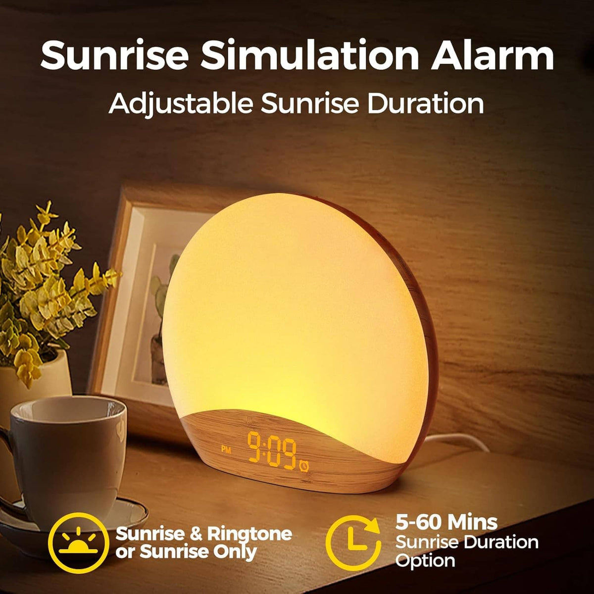 Wood grain sunrise alarm clock with bright yellow glow and digital time display