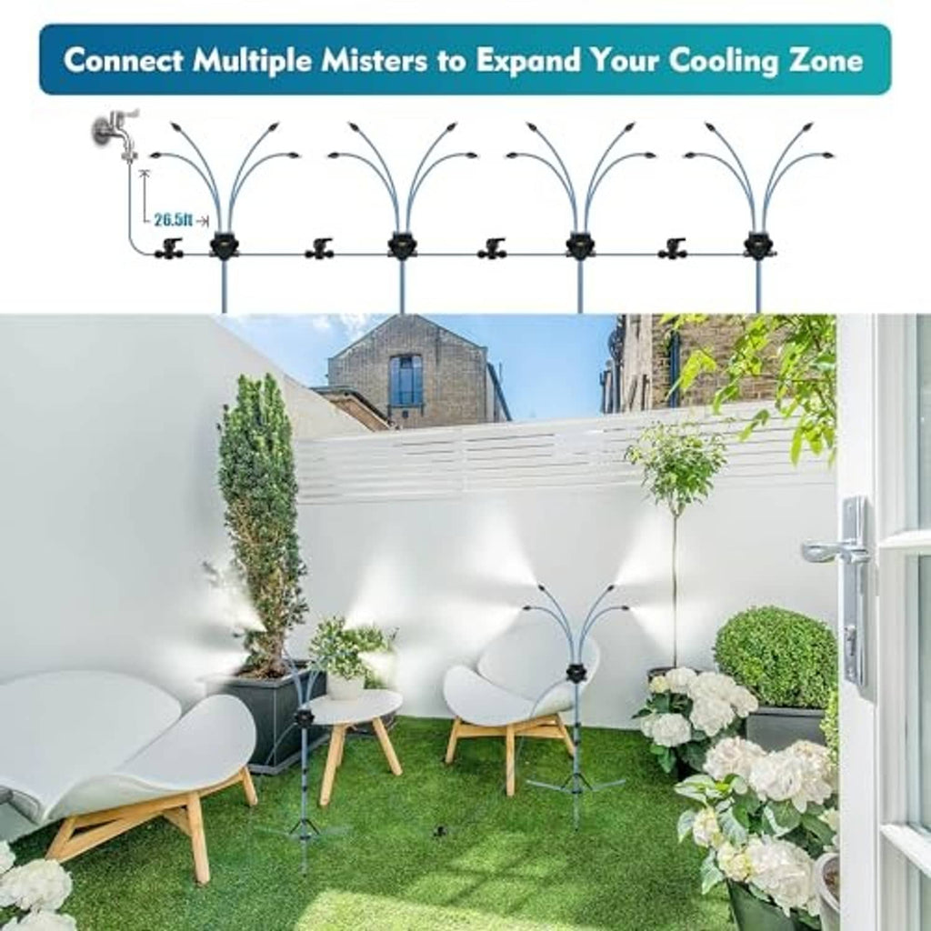Multi-mister standing misting setup with several tripod spray units connected to expand cooling