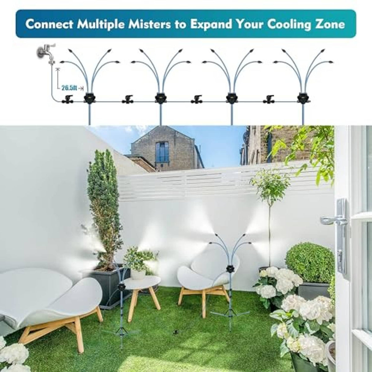 Multi-mister standing misting setup with several tripod spray units connected to expand cooling