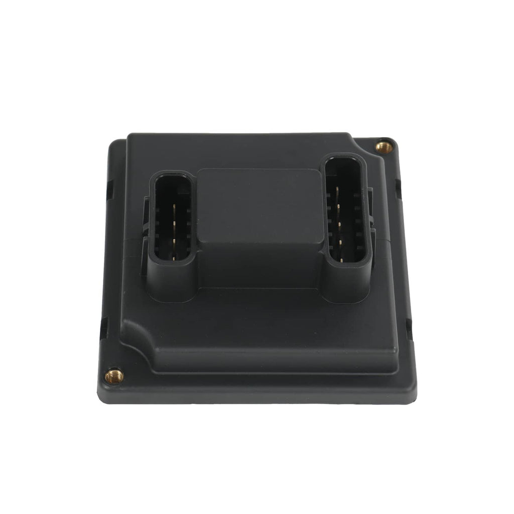 Black relay module back side with two plug housings and corner screws