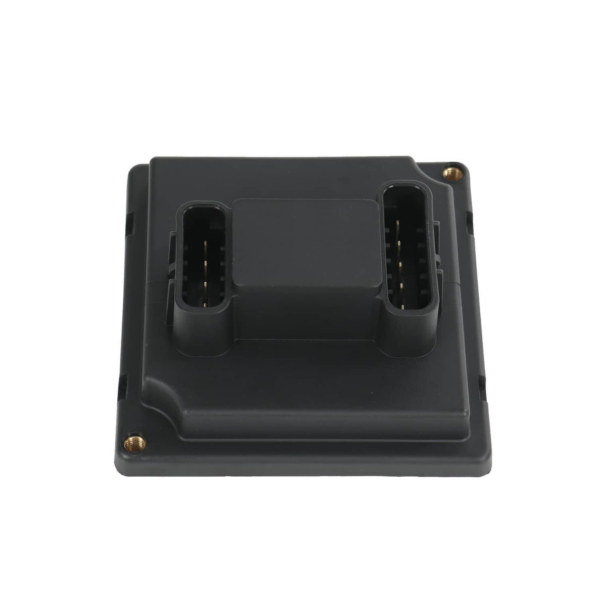 Black relay module back side with two plug housings and corner screws