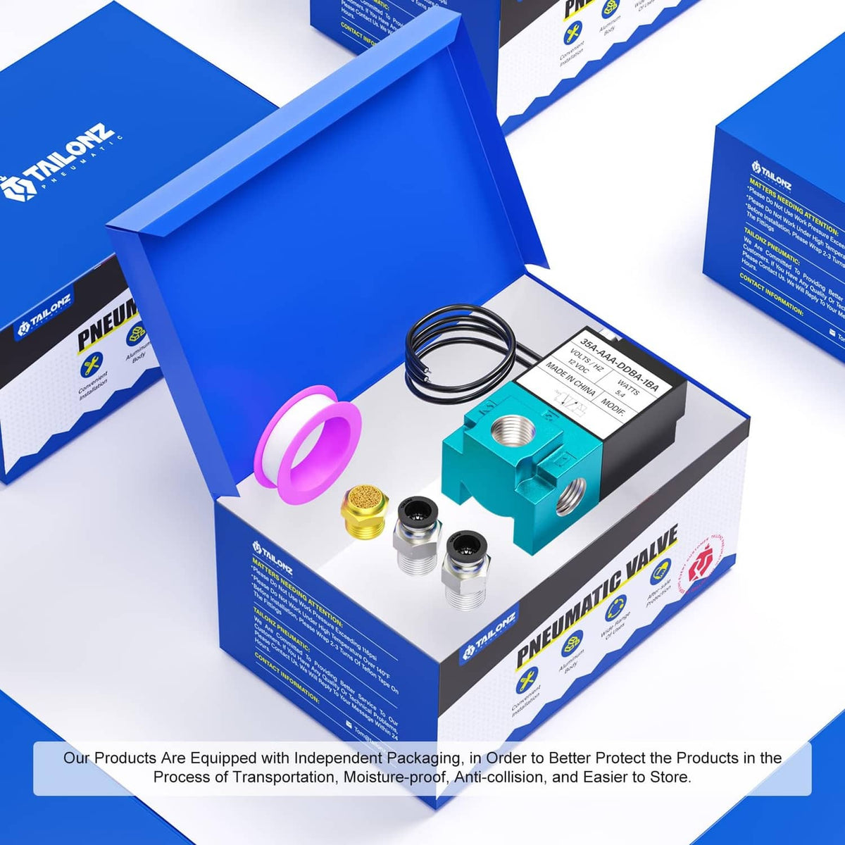 Pneumatic valve kit with turquoise valve body, fittings and coil wiring in package