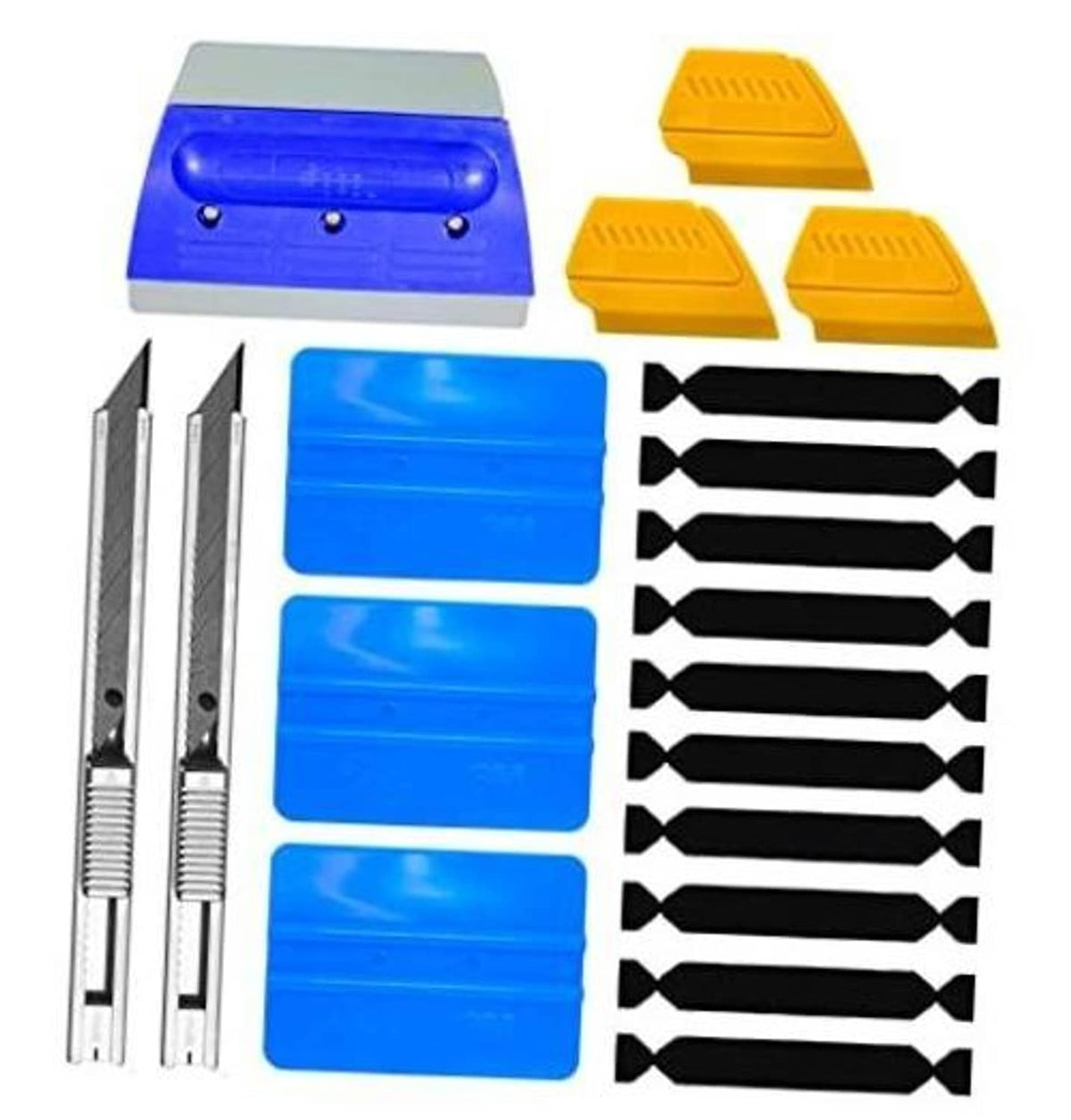 Blue flexible squeegee applicator kit with yellow contour blocks and replacement blades
