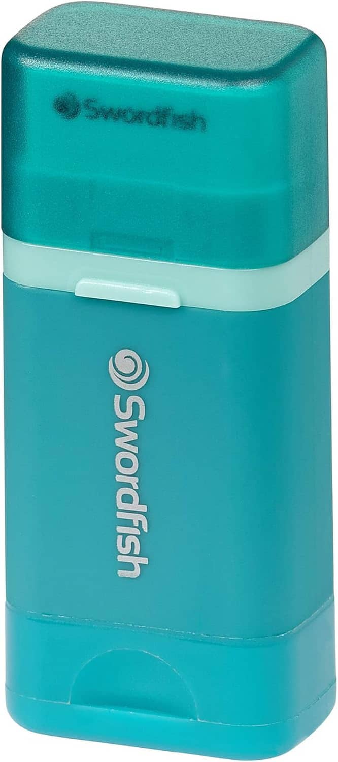 Turquoise Swordfish pencil sharpener canister with white strip and closed top