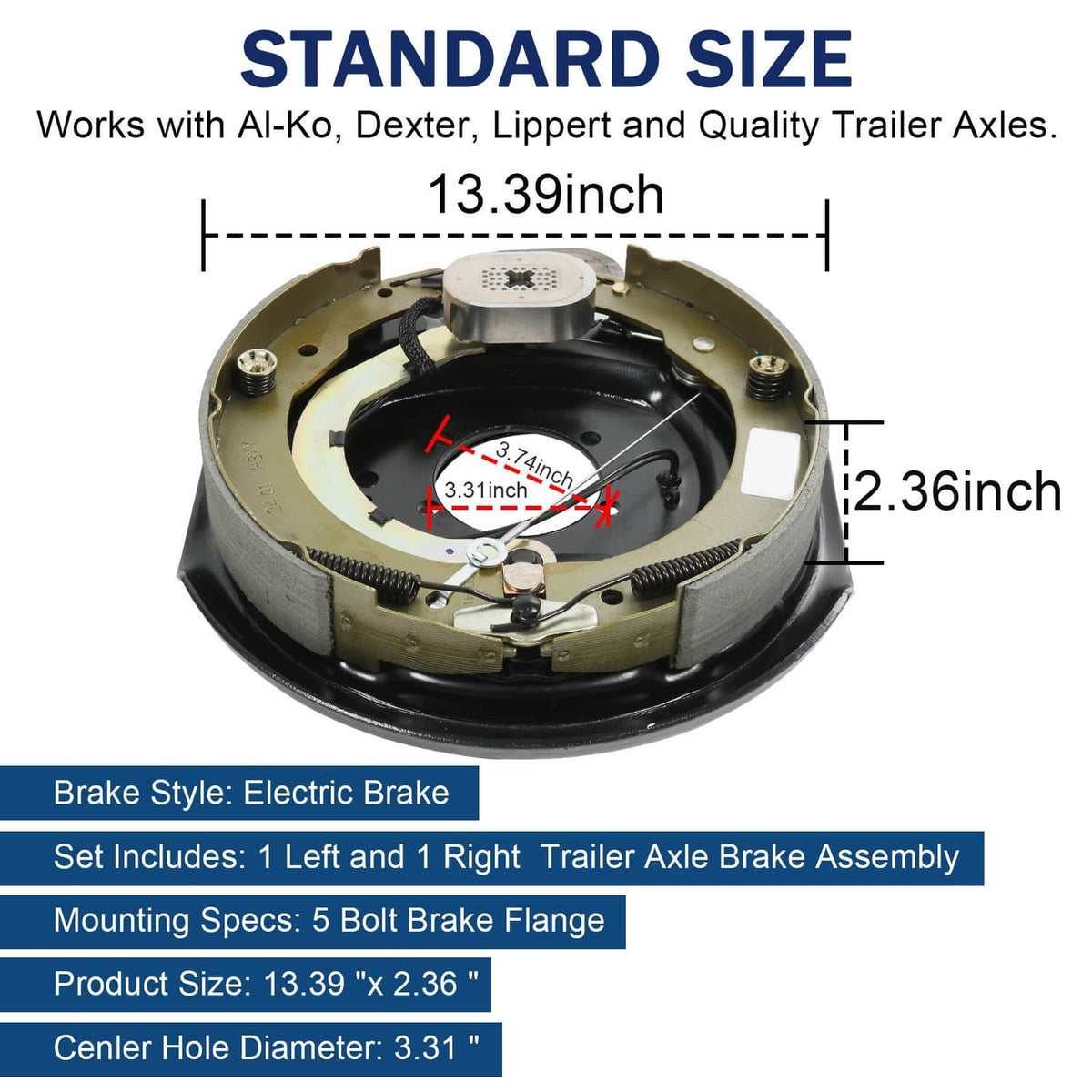 Electric trailer brake assembly with drum backing plate and size labels, black and gold