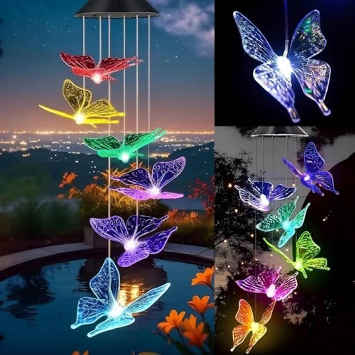 Solar butterfly wind chimes: glowing multi-color LED butterfly set on hanging wire stand