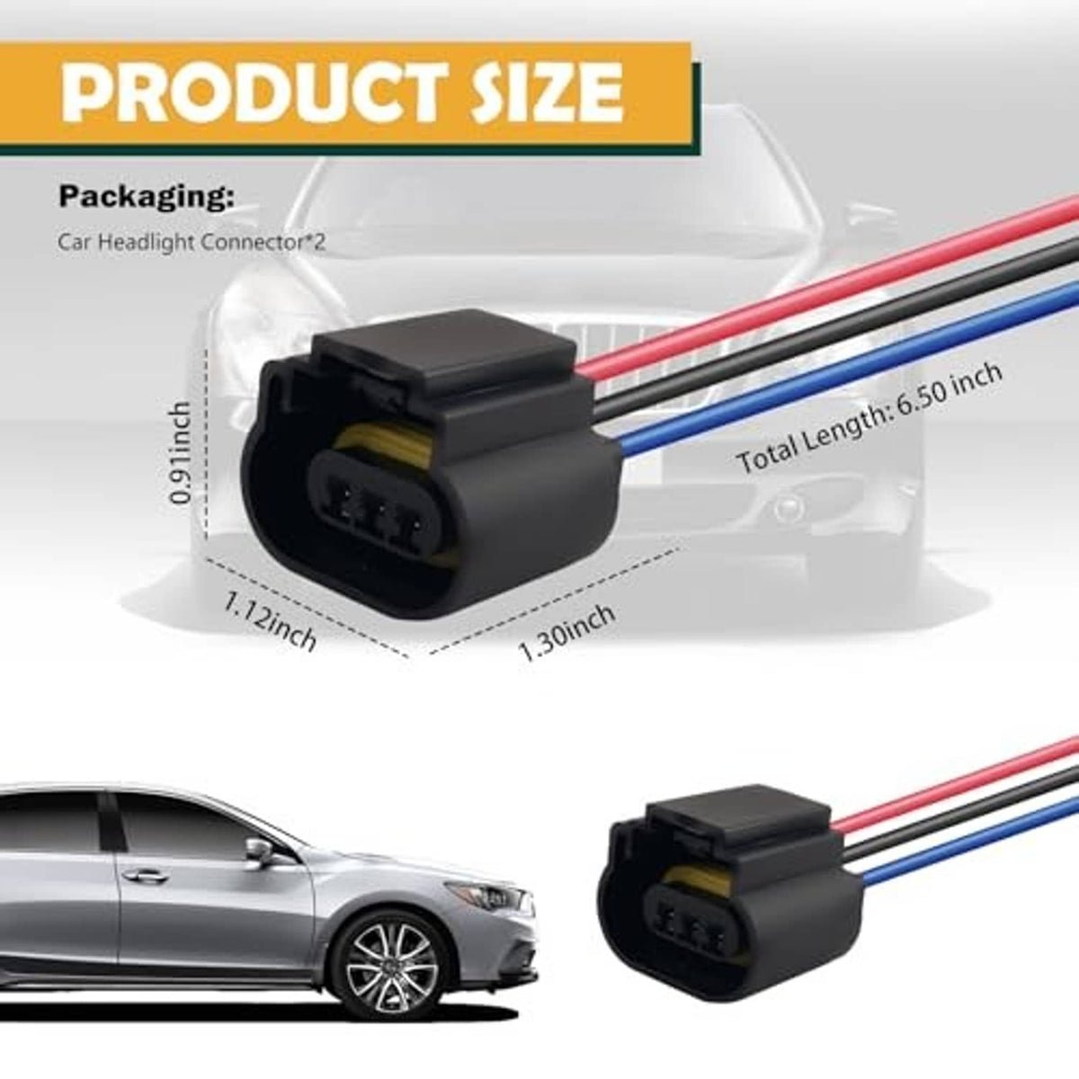 Headlight connector pigtail with black dustproof socket and red/blue wiring leads