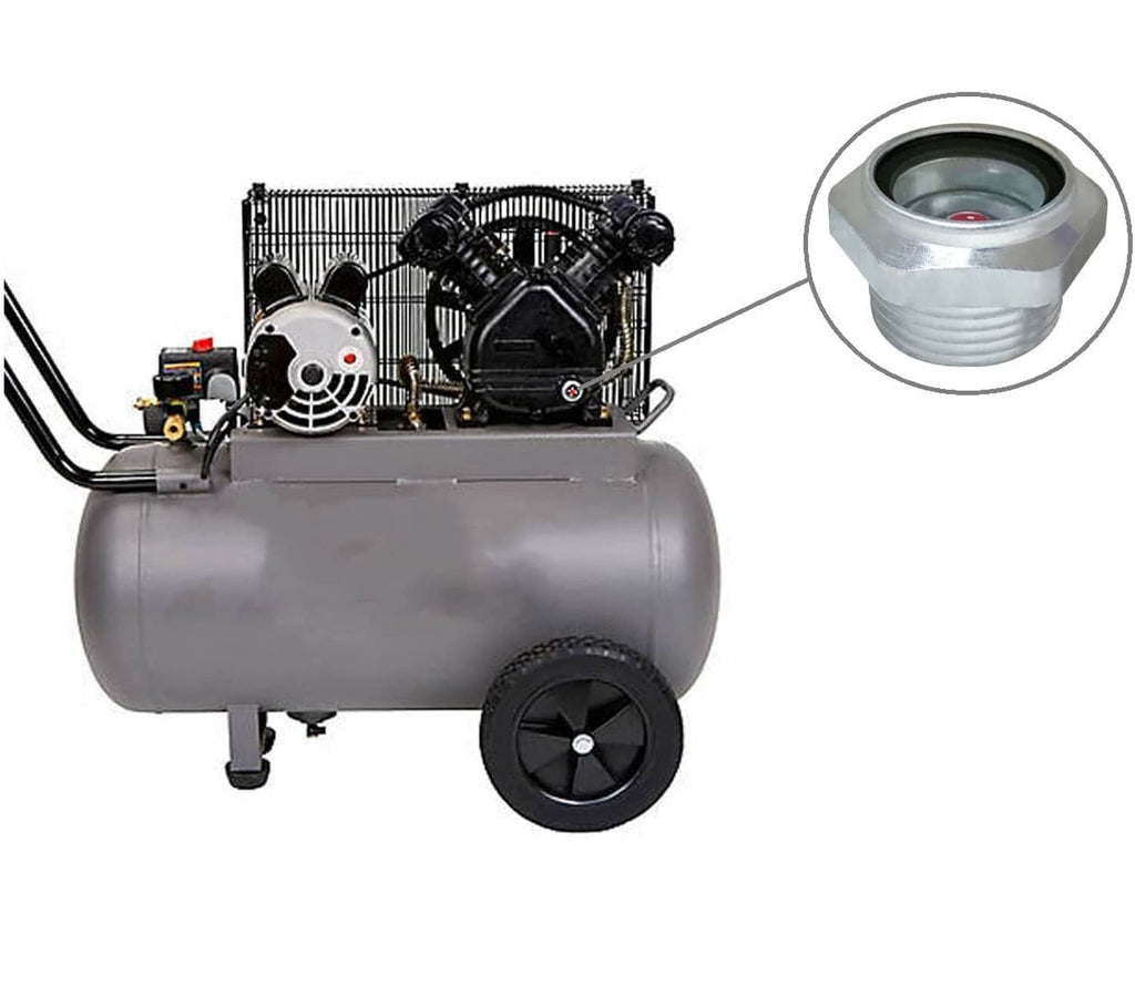Air compressor with inset view of silver 3/4 in NPT oil sight glass assembly