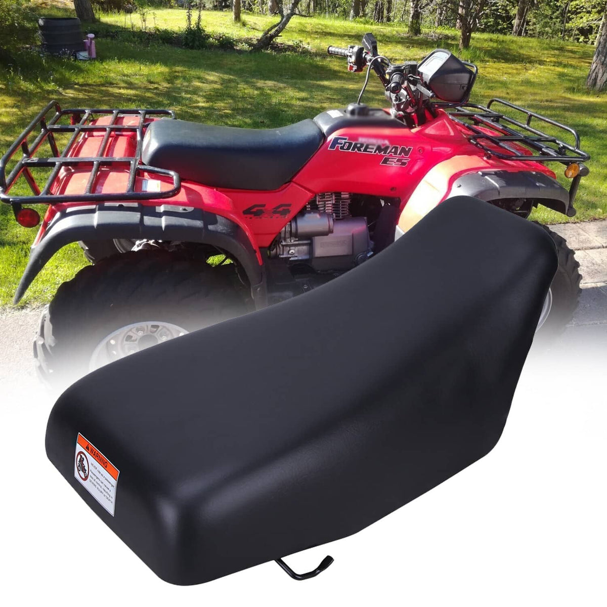 Black ATV seat cushion with contoured backrest and side mounting brackets