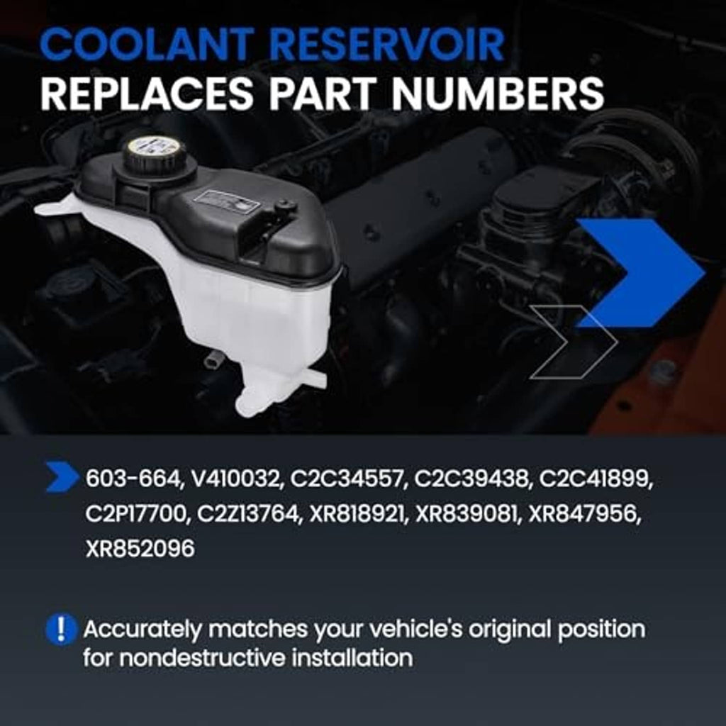 Coolant reservoir replacement infographic with part-number cross references and tank shown