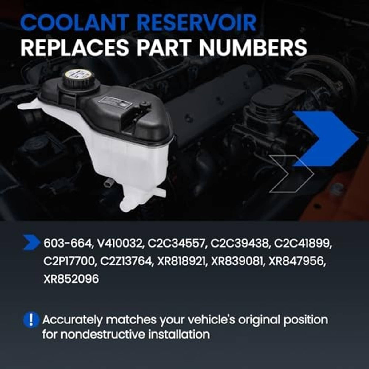 Coolant reservoir replacement infographic with part-number cross references and tank shown