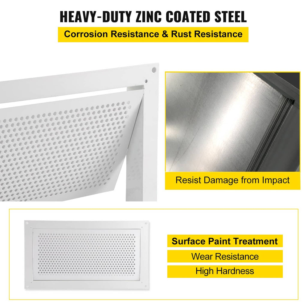 White perforated flood vent with zinc-coated steel frame and close-up of panel corner
