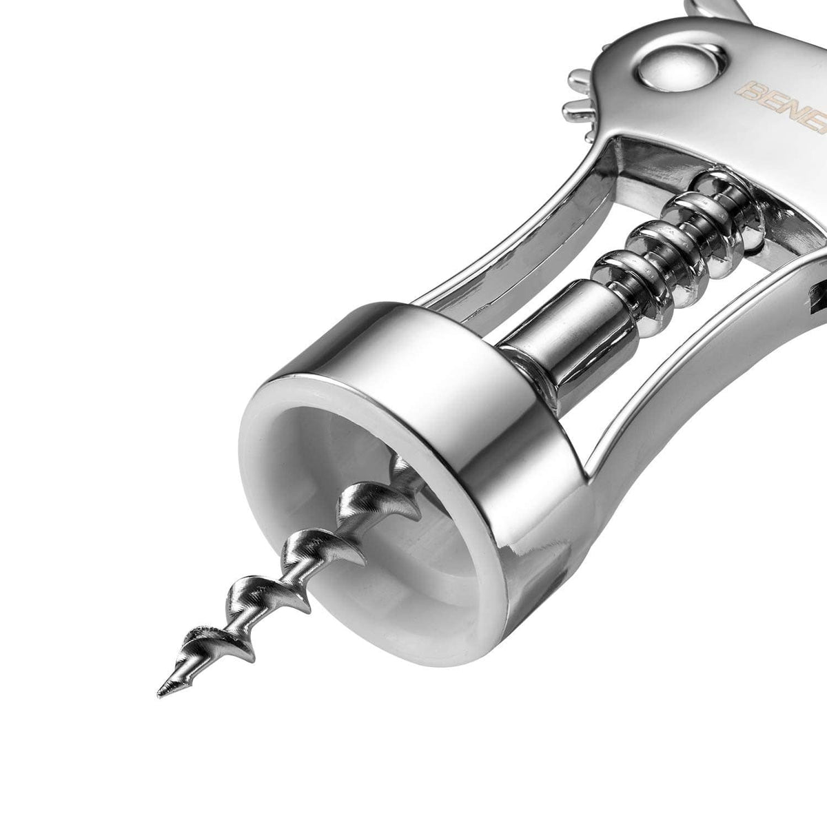 Close-up of chrome wing corkscrew screw and mechanism for opening wine bottles