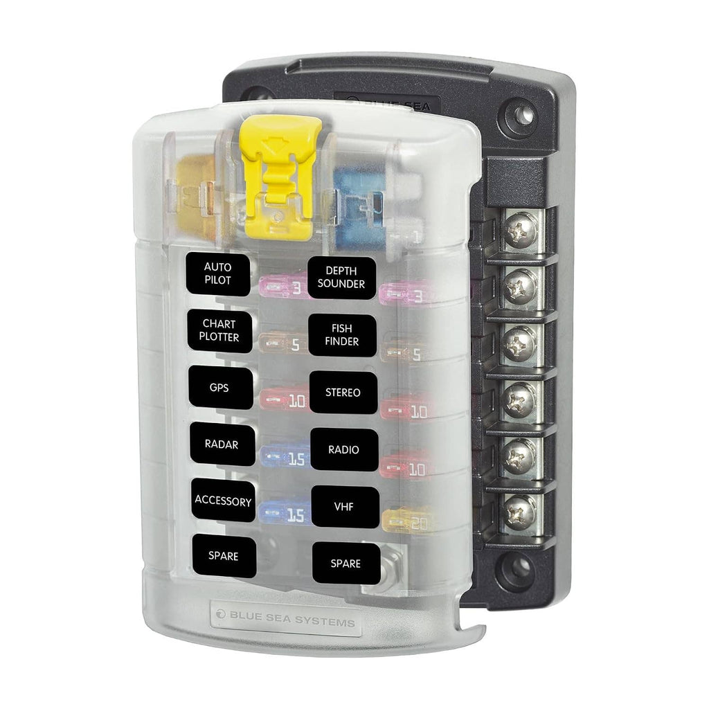 Blade fuse block with clear cover and gray mounting plate, showing labeled fuse slots