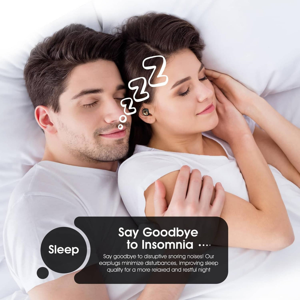 Black silicone sleep ear plugs worn by a couple resting in bed