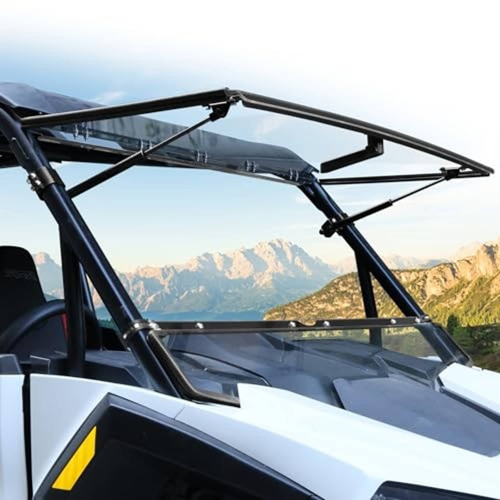 UTV flip windshield with clear tinted panel and black mounting frame, front view