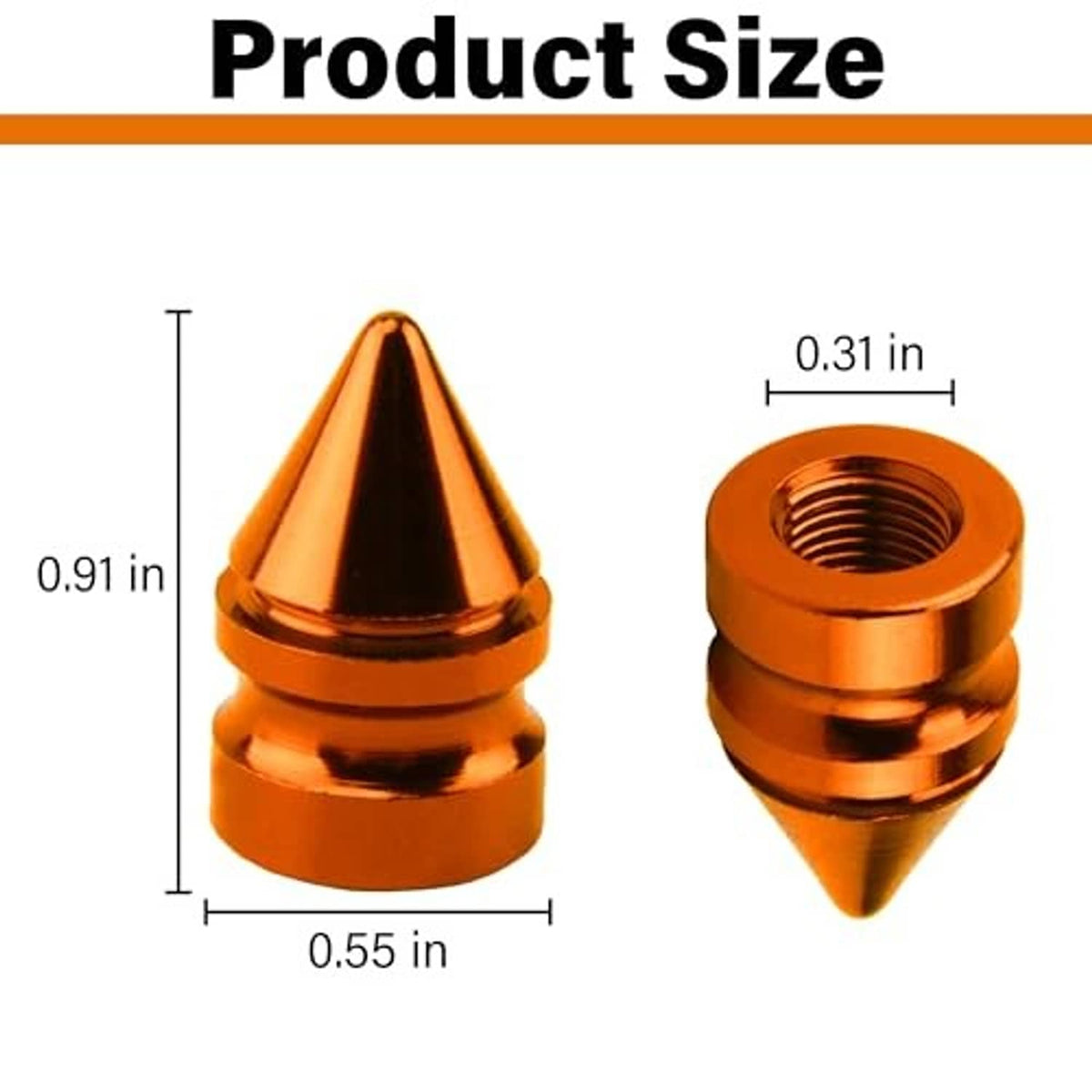 Orange cone-shaped spiked tire valve cap with threaded opening, close-up